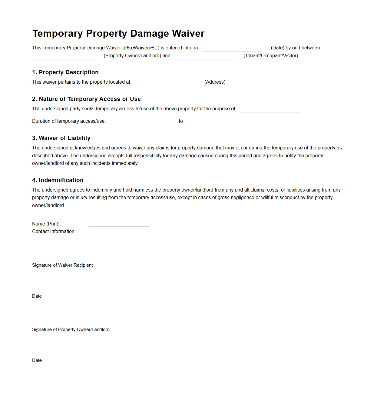 Temporary Property Damage Waiver Document