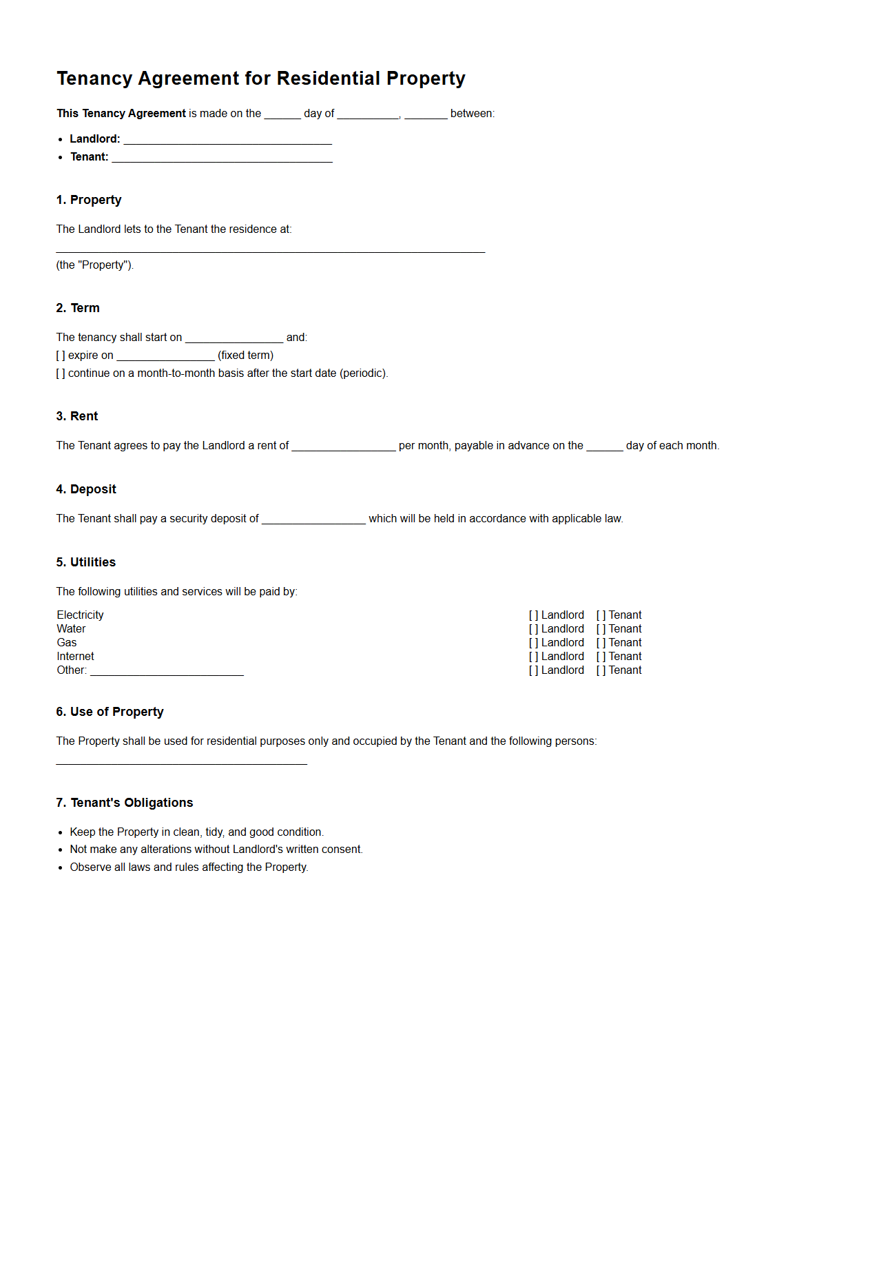Tenancy Agreement for Residential Property Template