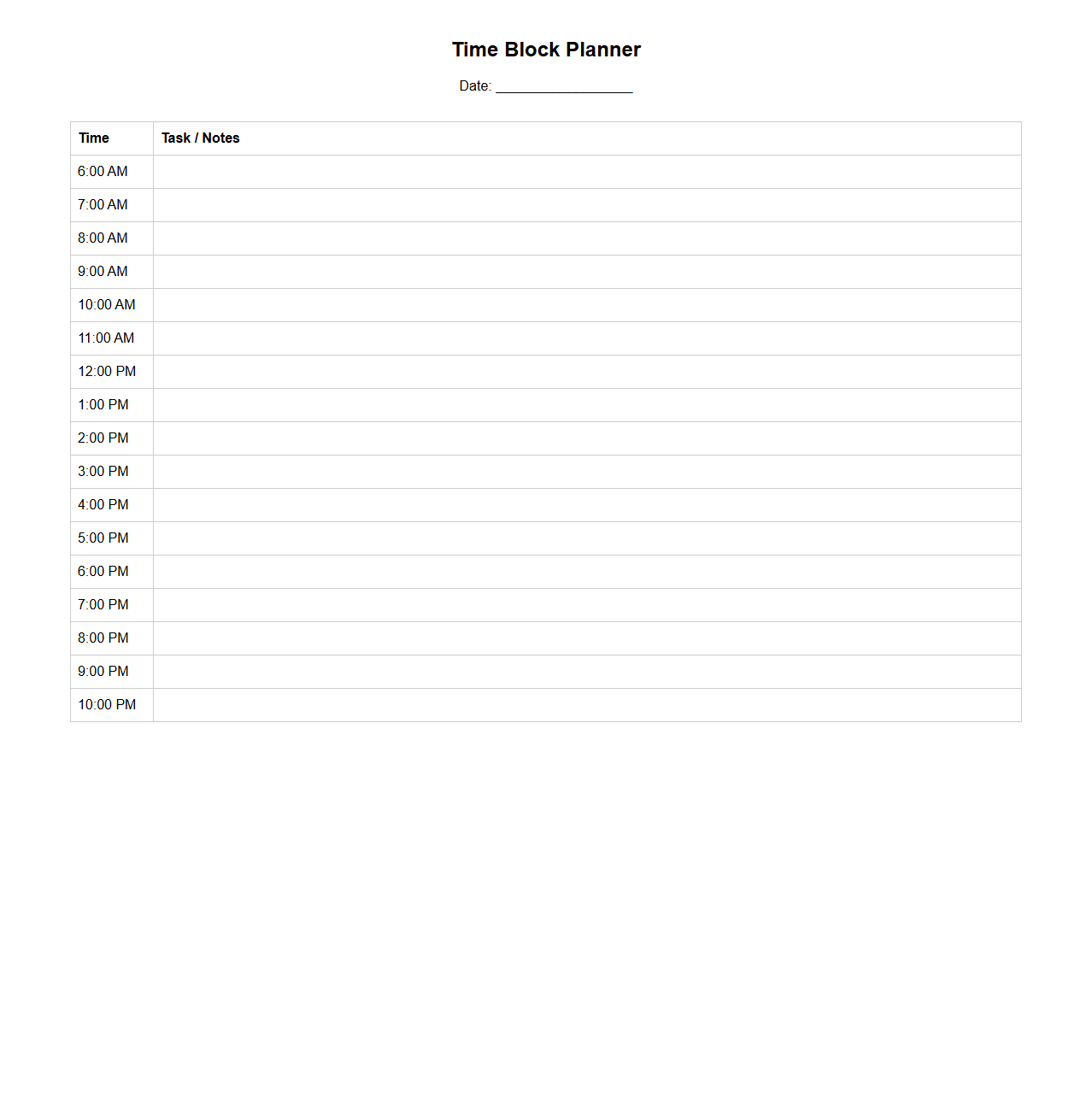 Time Block Planner Template with Hourly Segments