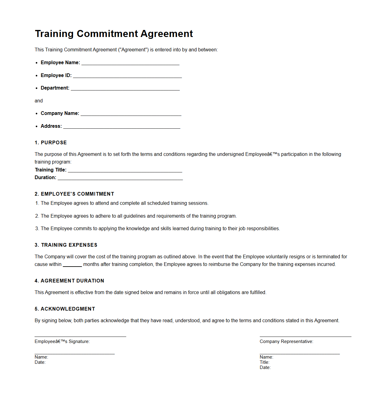 Training Commitment Agreement Format