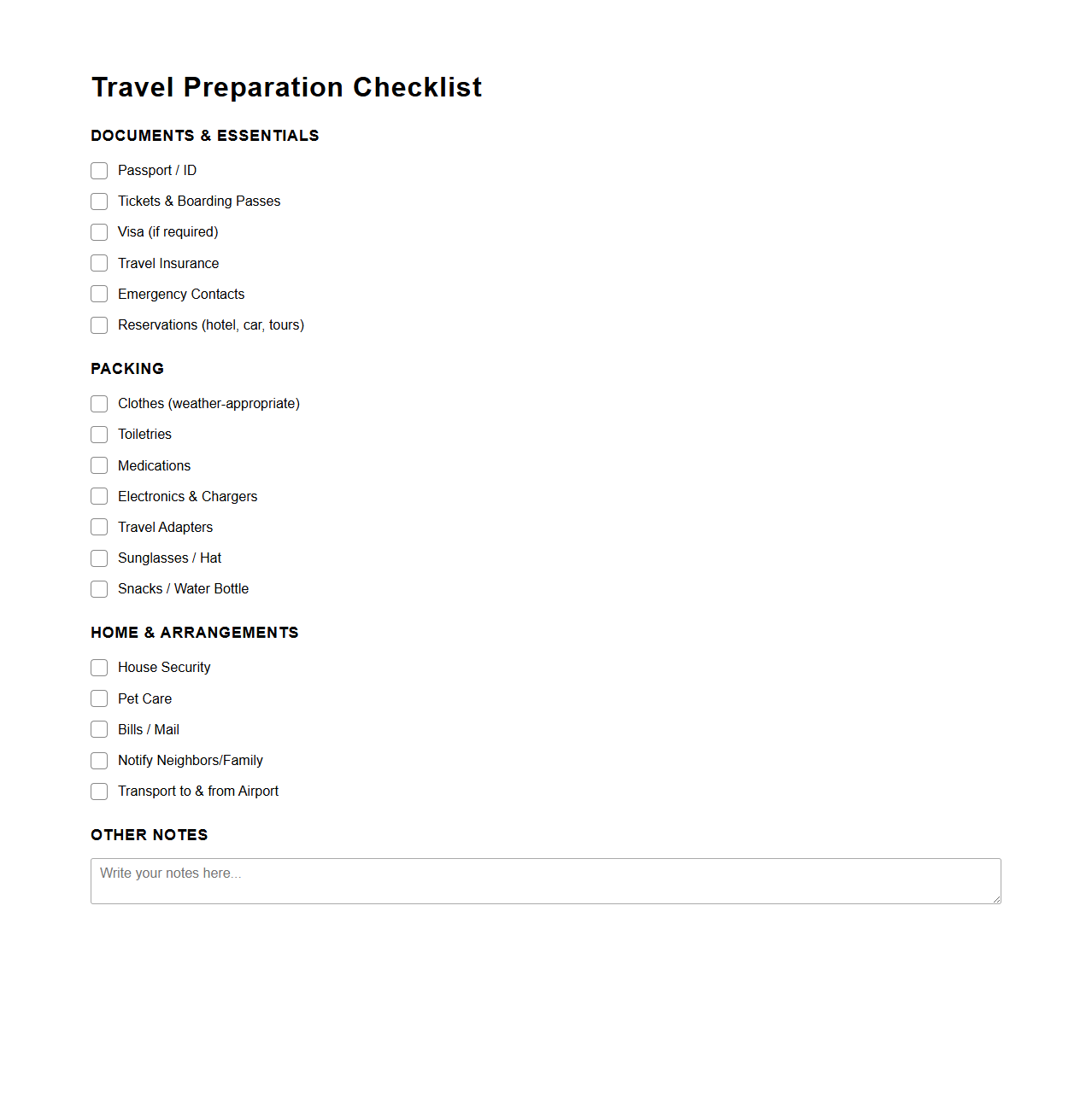 Travel Preparation Checklist Sheet
