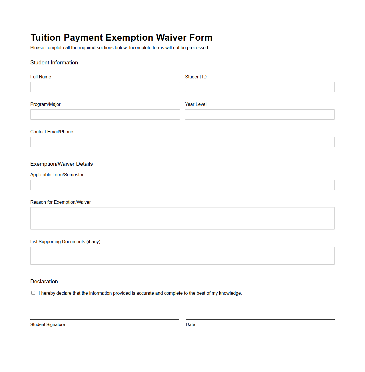 Tuition Payment Exemption Waiver Form