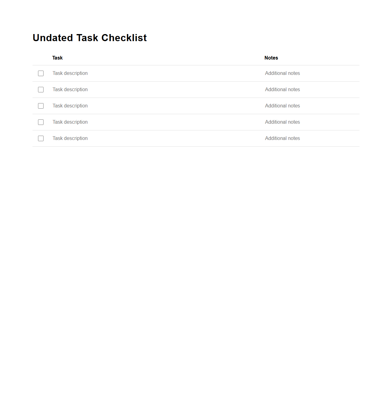 Undated Task Checklist Template for Flexible Planning