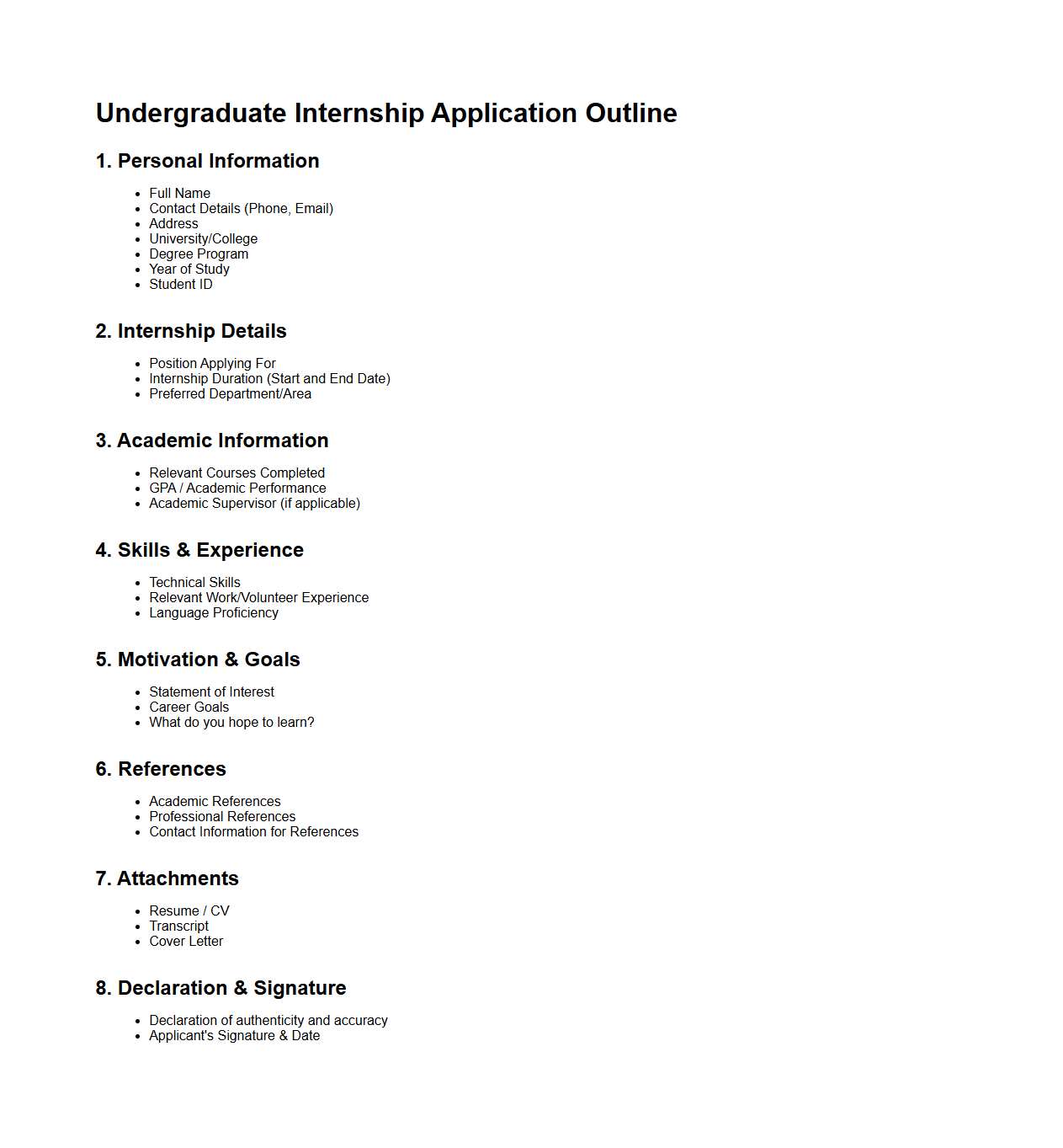 Undergraduate Internship Application Outline