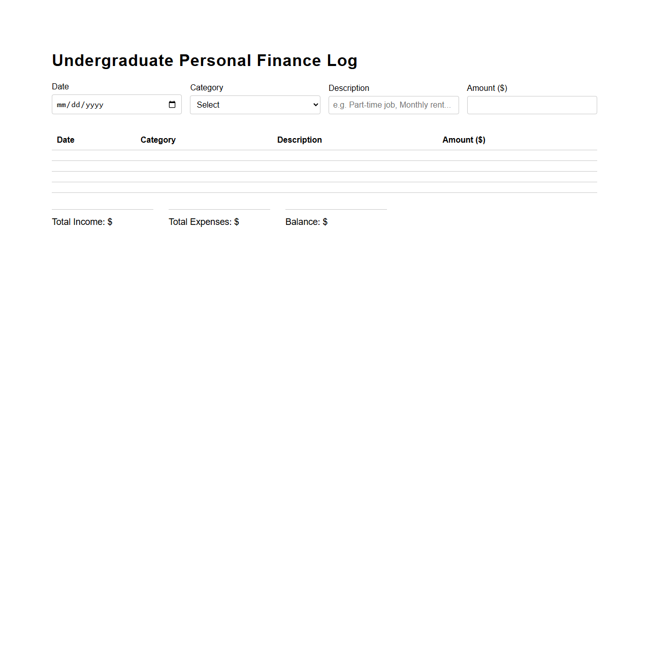 Undergraduate Personal Finance Log