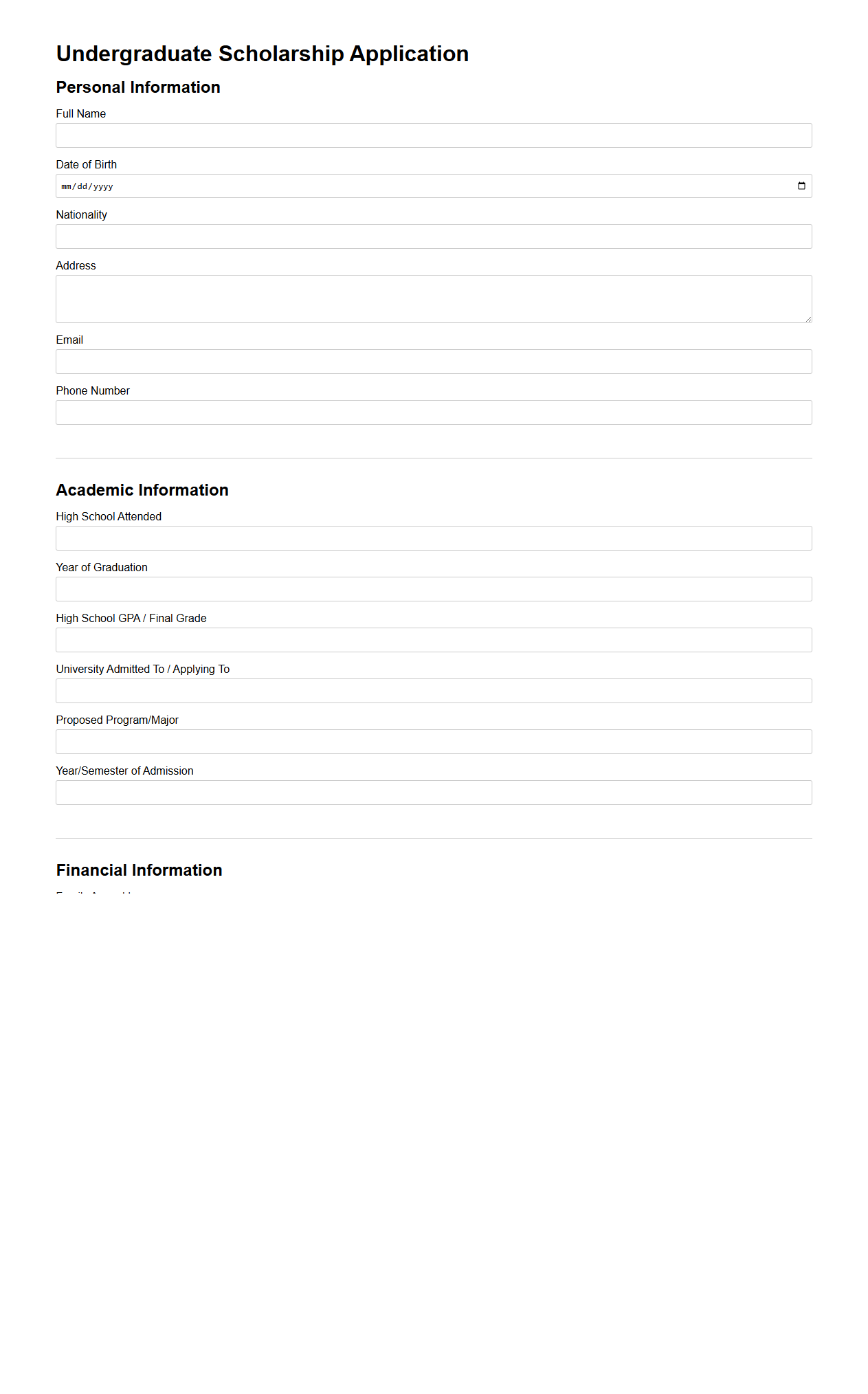 Undergraduate Scholarship Application Format