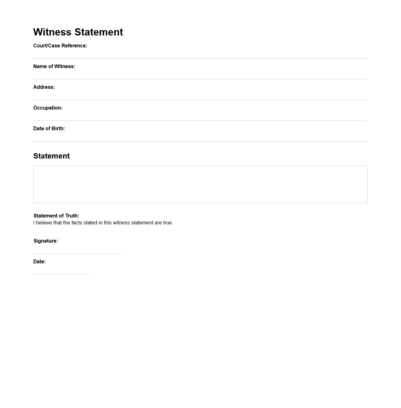 Unfilled Legal Witness Statement Format