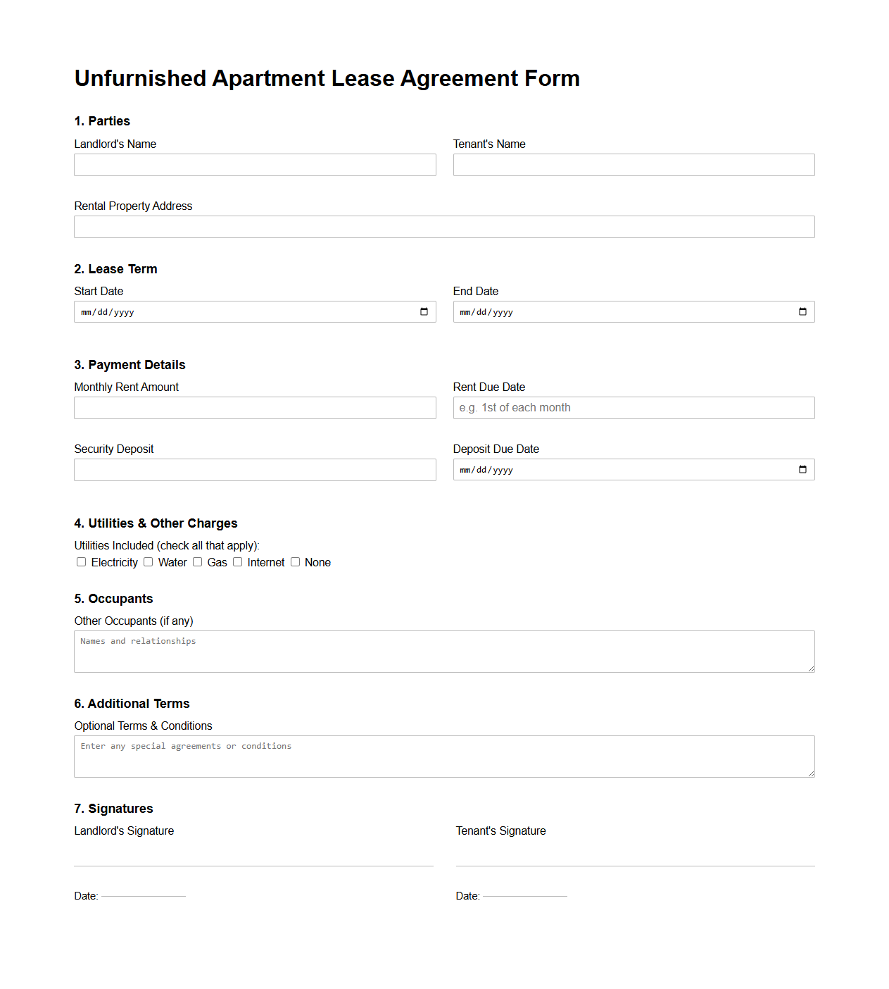 Unfurnished Apartment Lease Agreement Form