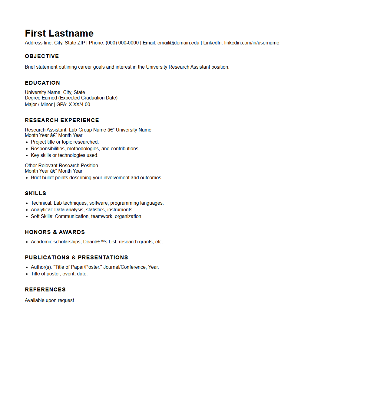 University Research Assistant Resume Structure