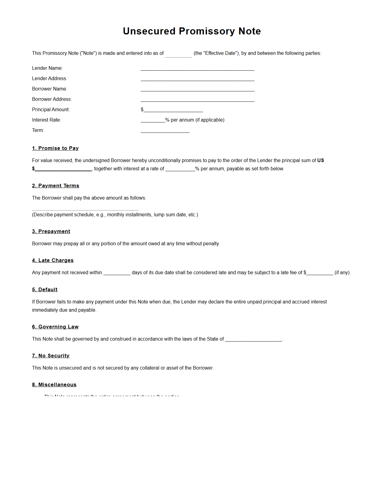 Unsecured Promissory Note Document for Personal Loans