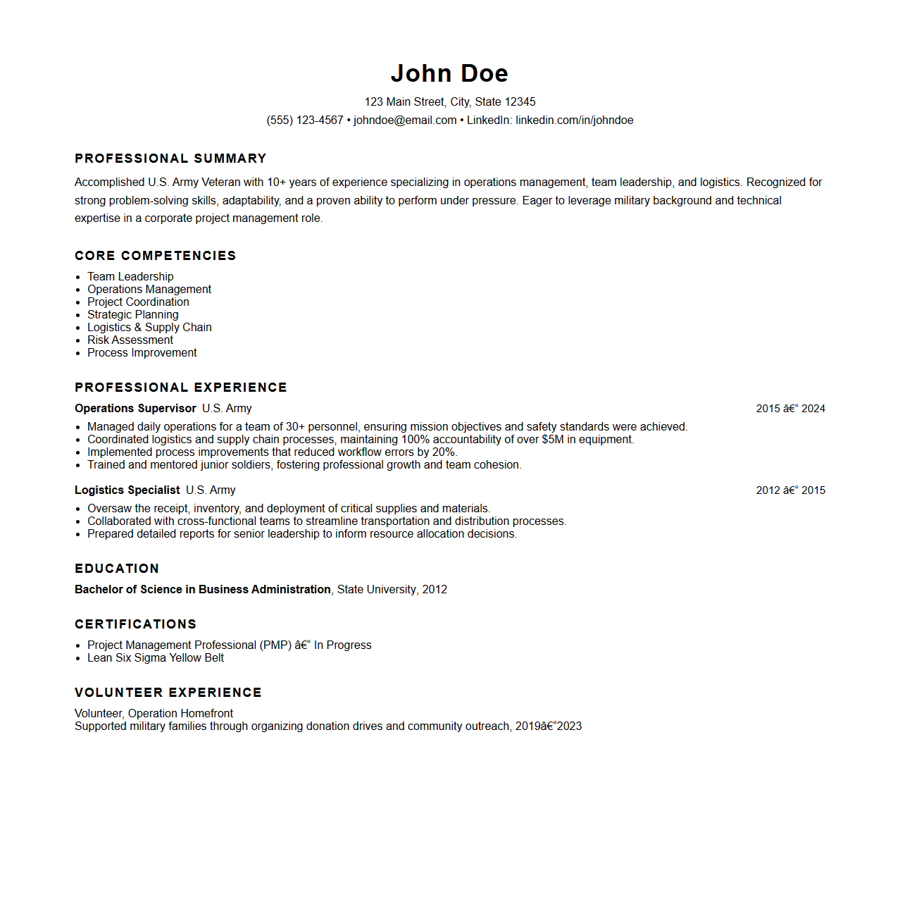 US Veteran Job Transition Resume Example