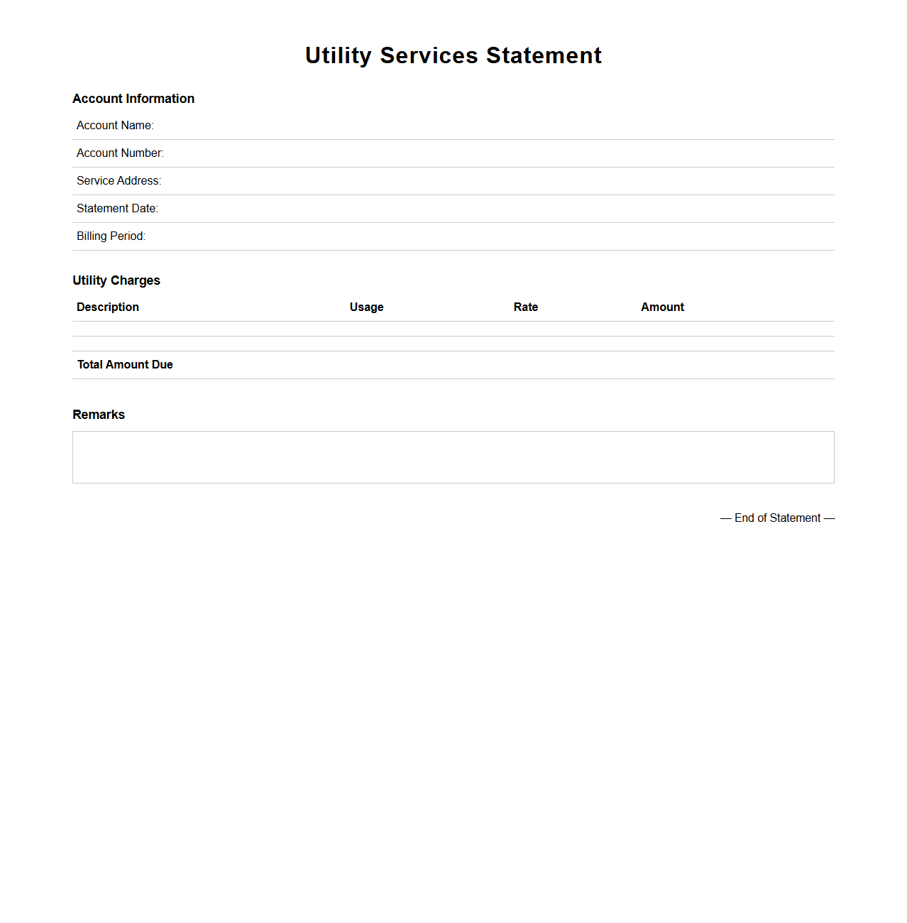 Utility Services Statement Blank Page