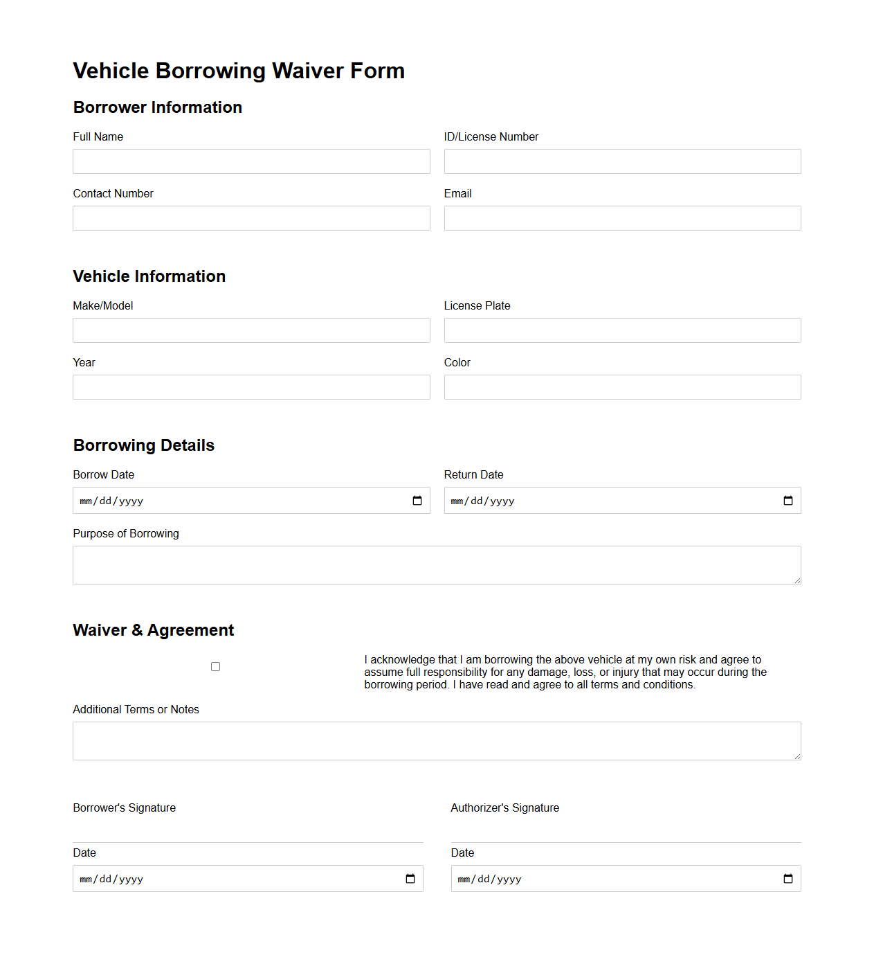Vehicle Borrowing Waiver Form Template