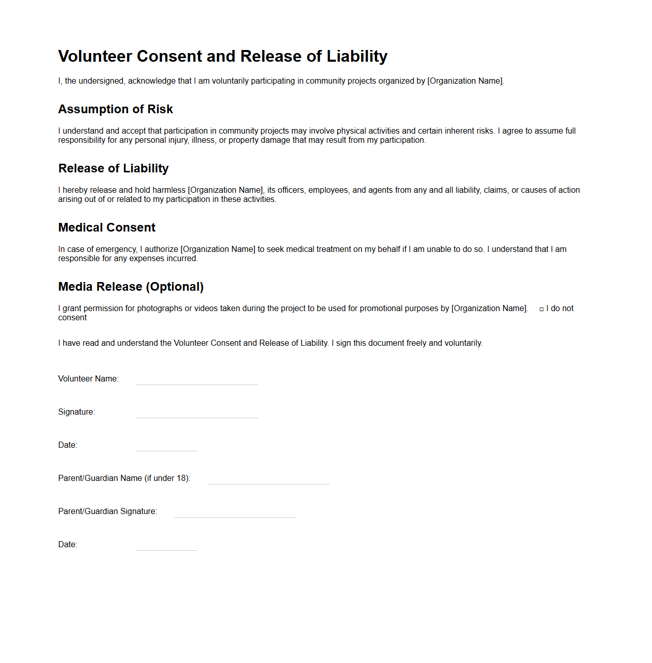 Volunteer Consent and Release of Liability for Community Projects