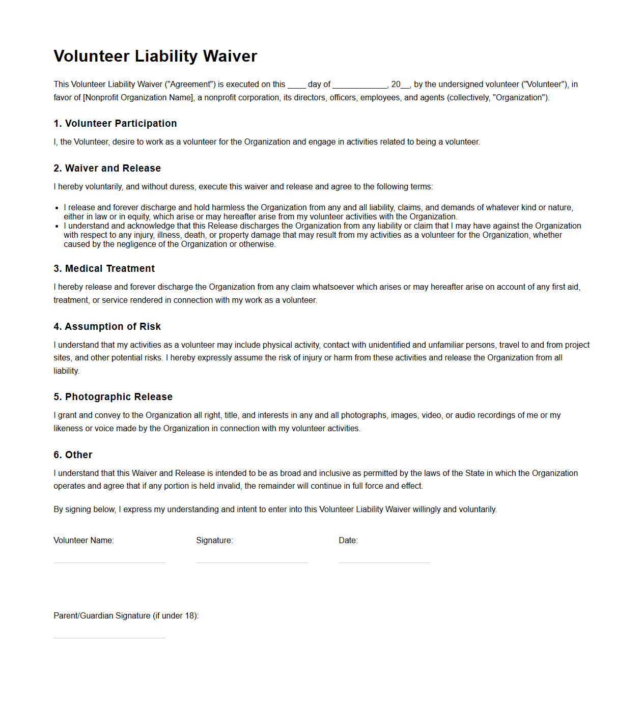 Volunteer Liability Waiver Template for Nonprofits