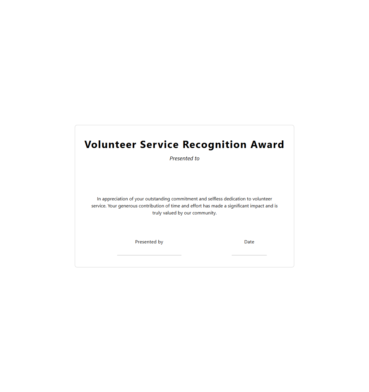 Volunteer Service Recognition Award Template