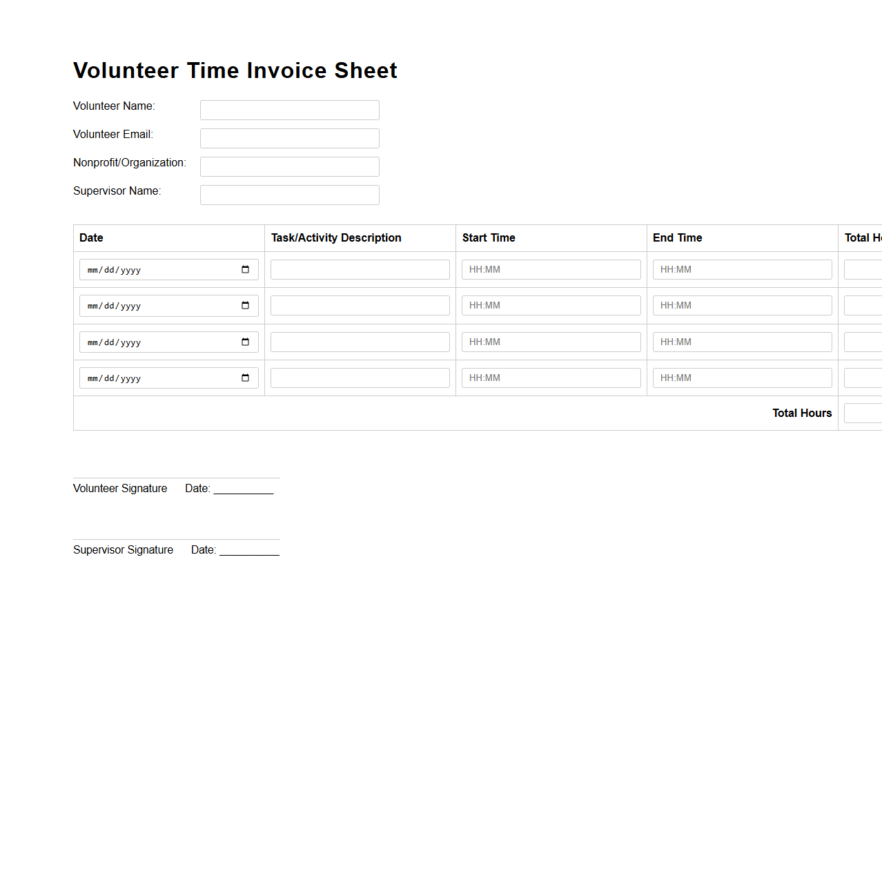 Volunteer Time Invoice Sheet for Nonprofit Tracking