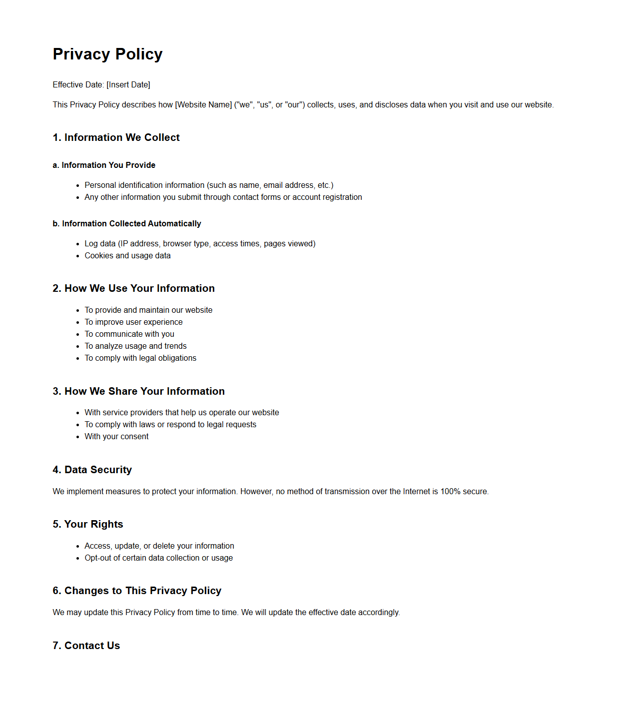 Website Data Collection Privacy Policy Skeleton