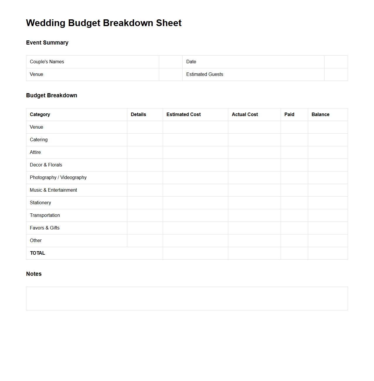 Wedding Budget Breakdown Sheet for Event Managers