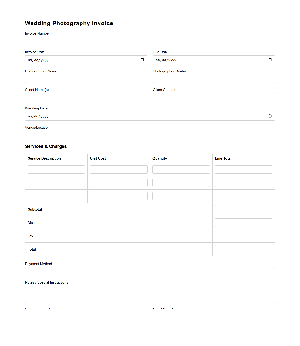 Wedding Photography Invoice Form