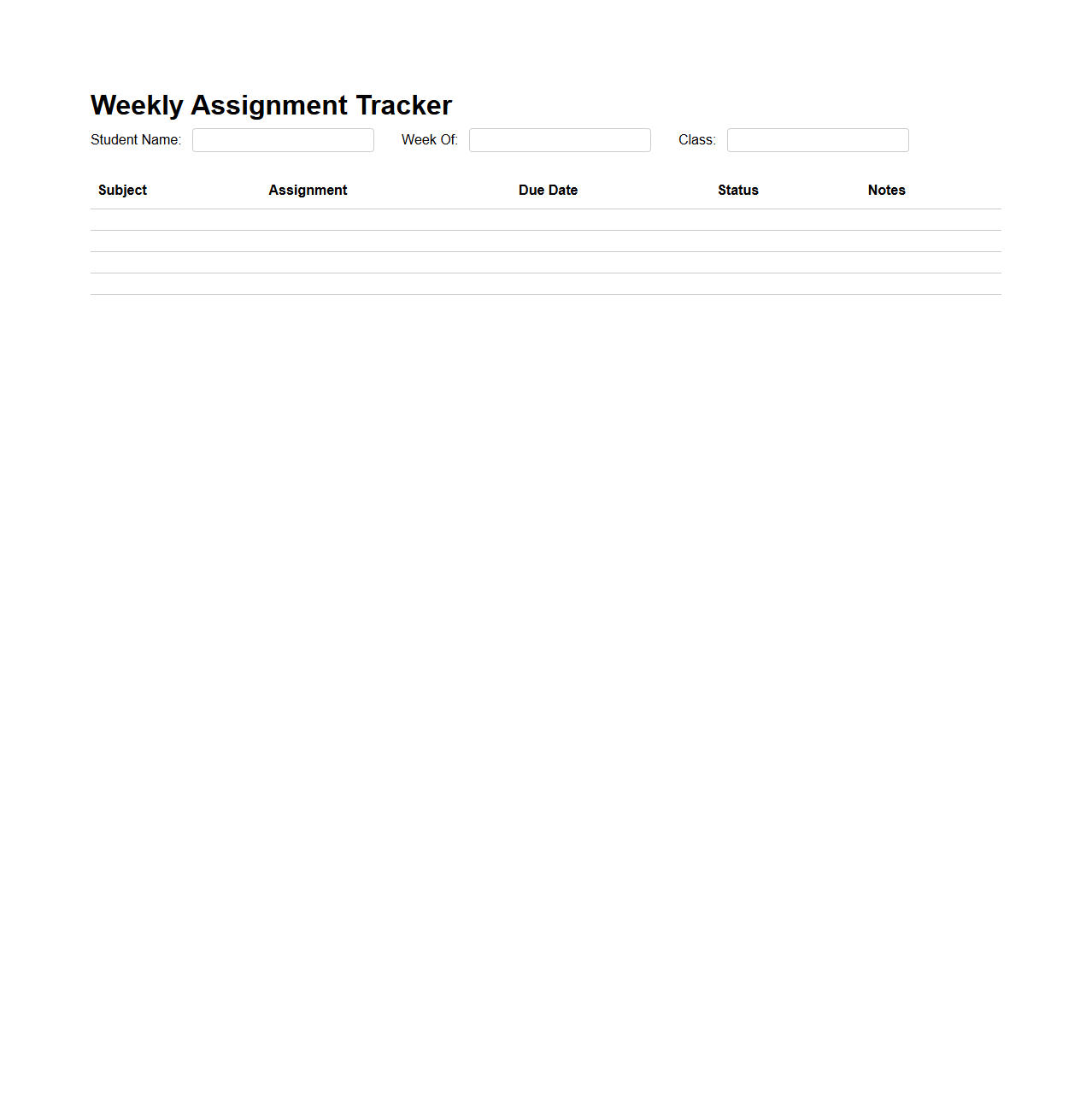 Weekly Assignment Tracker Template for Students