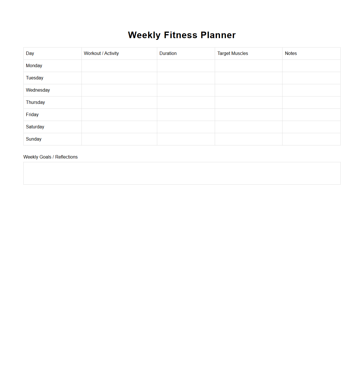 Weekly Blank Fitness Planner Template