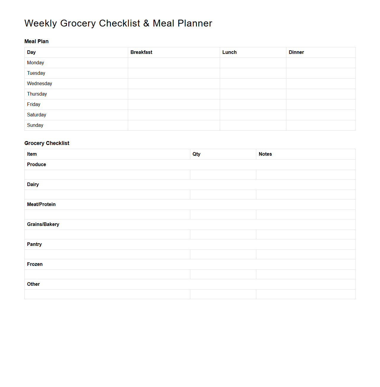 Weekly Grocery Checklist Template for Meal Planning