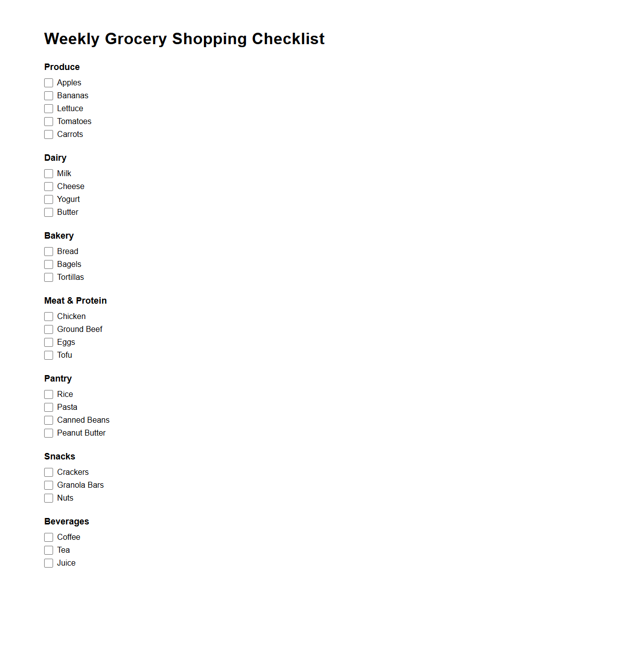 Weekly Grocery Shopping Checklist