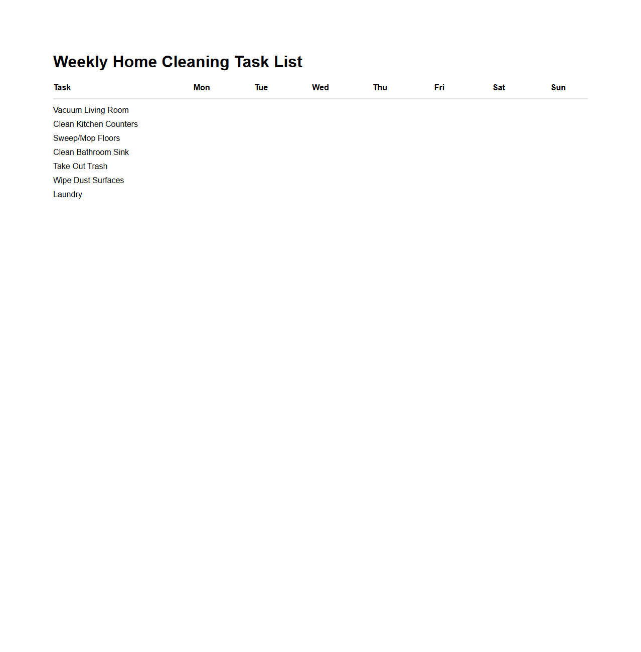 Weekly Home Cleaning Task List