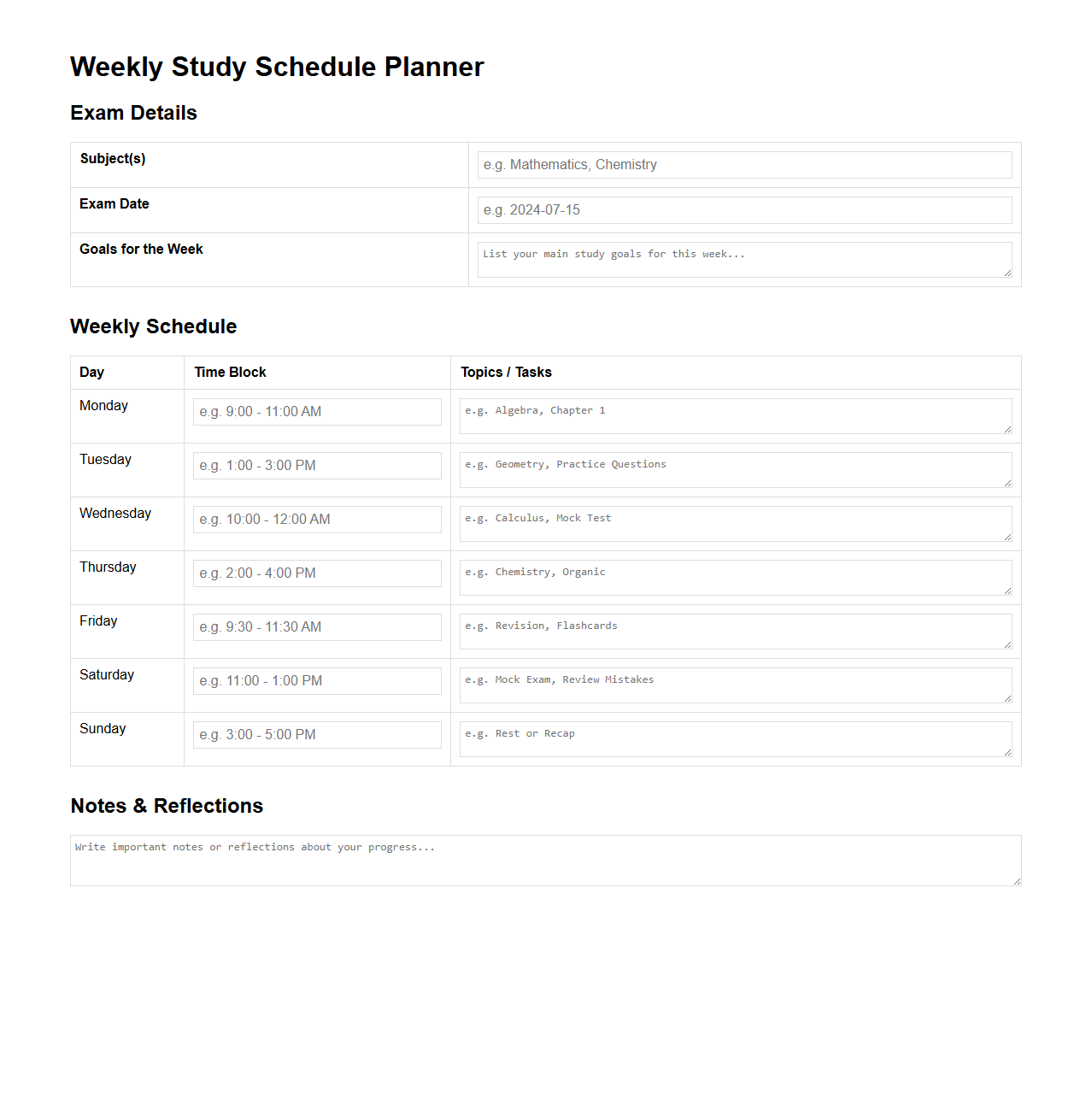 Weekly Study Schedule Planner for Exam Preparation