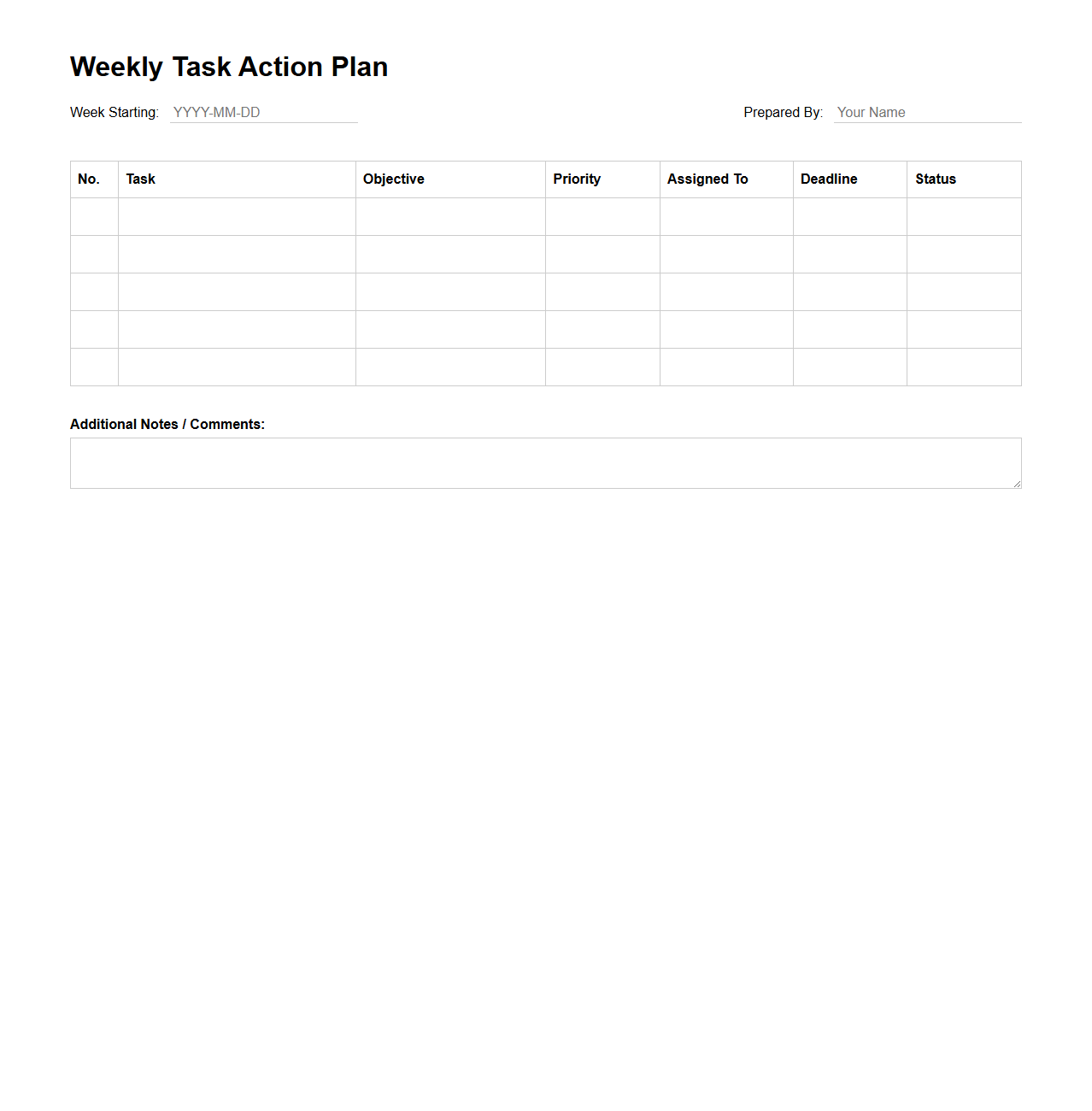 Weekly Task Action Plan Format