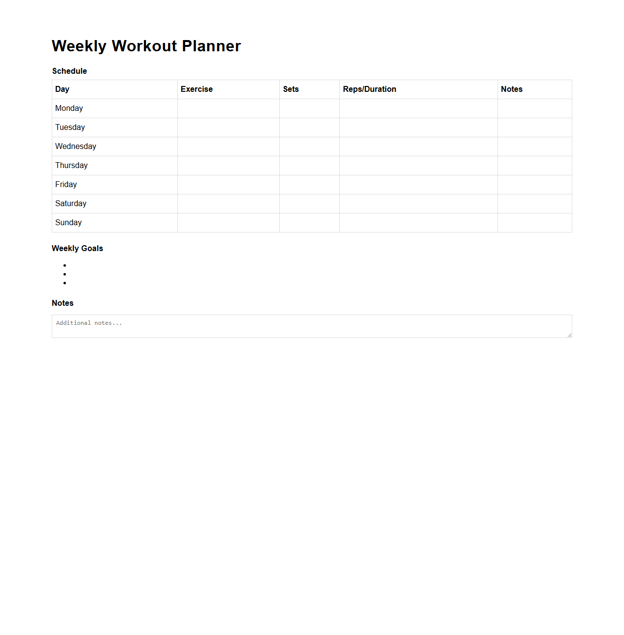 Weekly Workout Planner Template for Exercise Routines