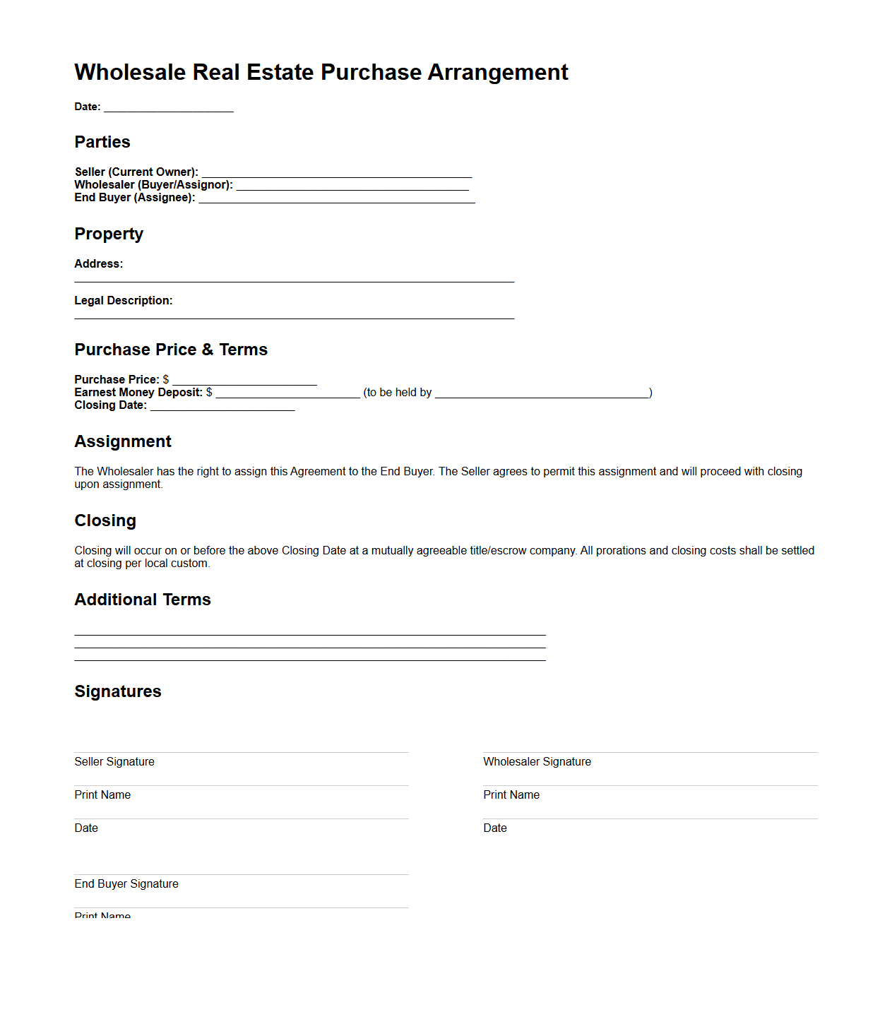 Wholesale Real Estate Purchase Arrangement