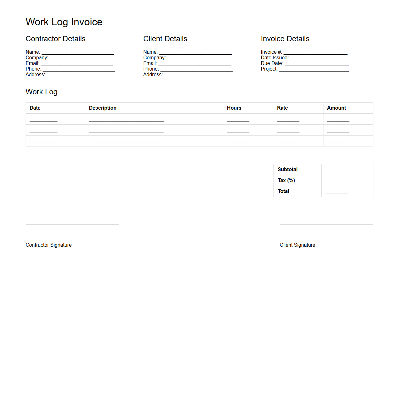 Work Log Invoice for Contractors