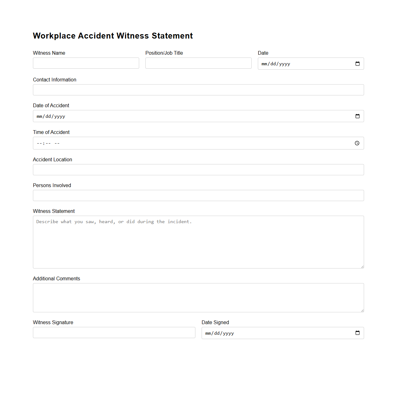 Workplace Accident Witness Statement Template
