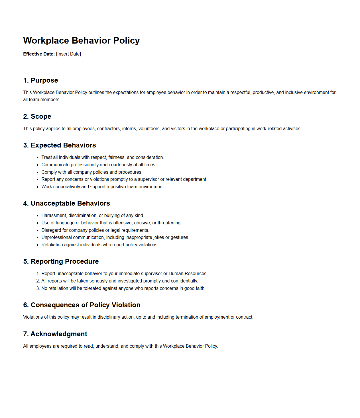 Workplace Behavior Policy Sample Document