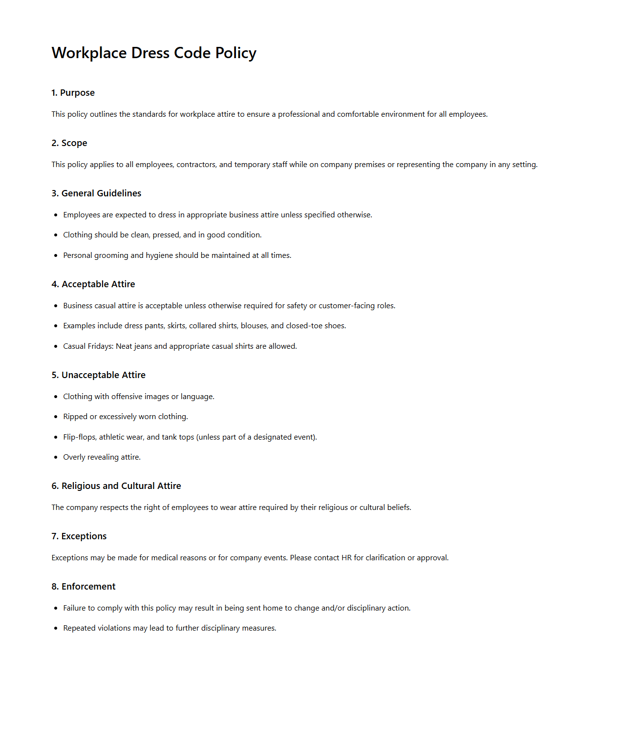 Workplace Dress Code Policy Template