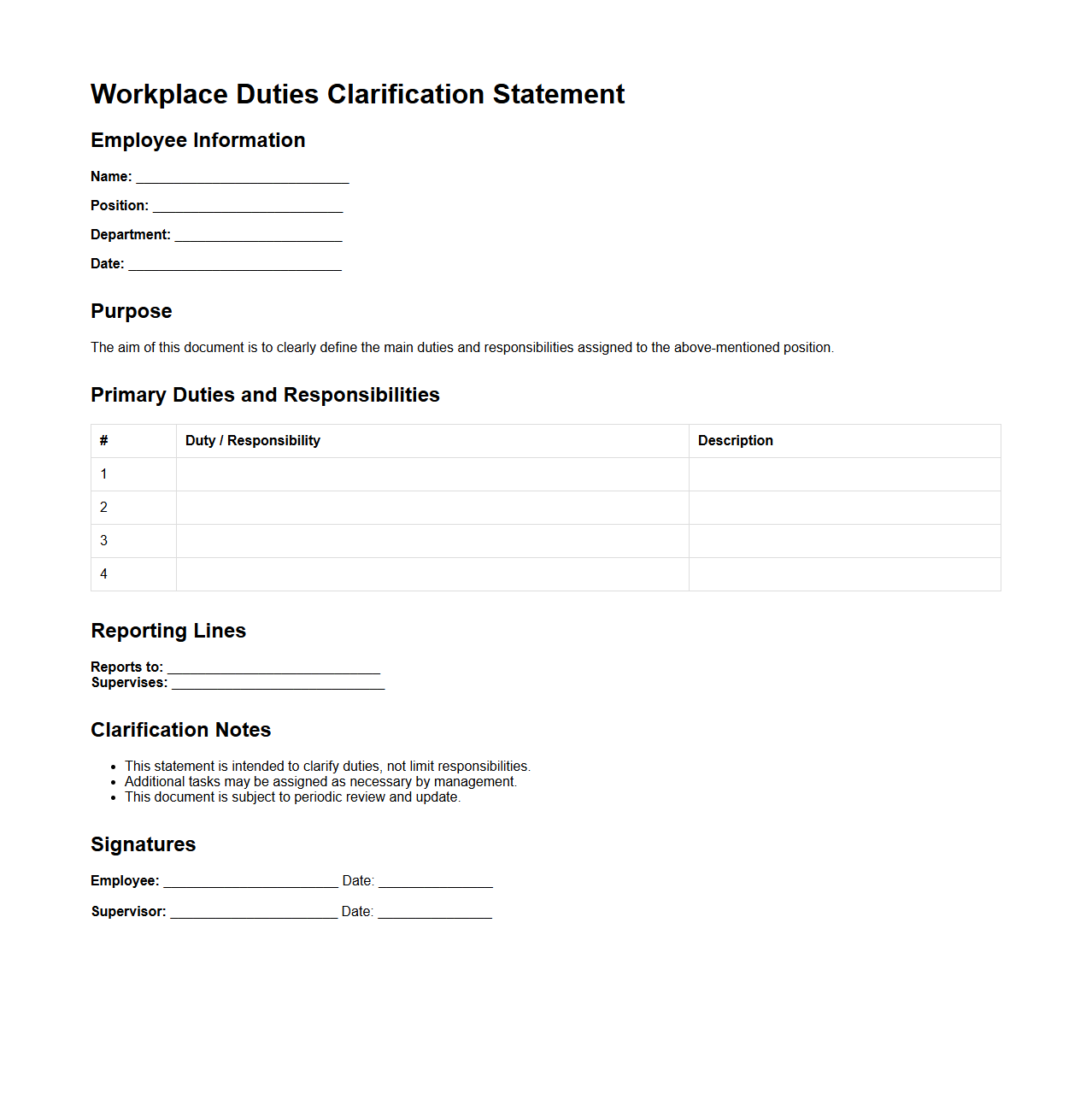 Workplace Duties Clarification Statement