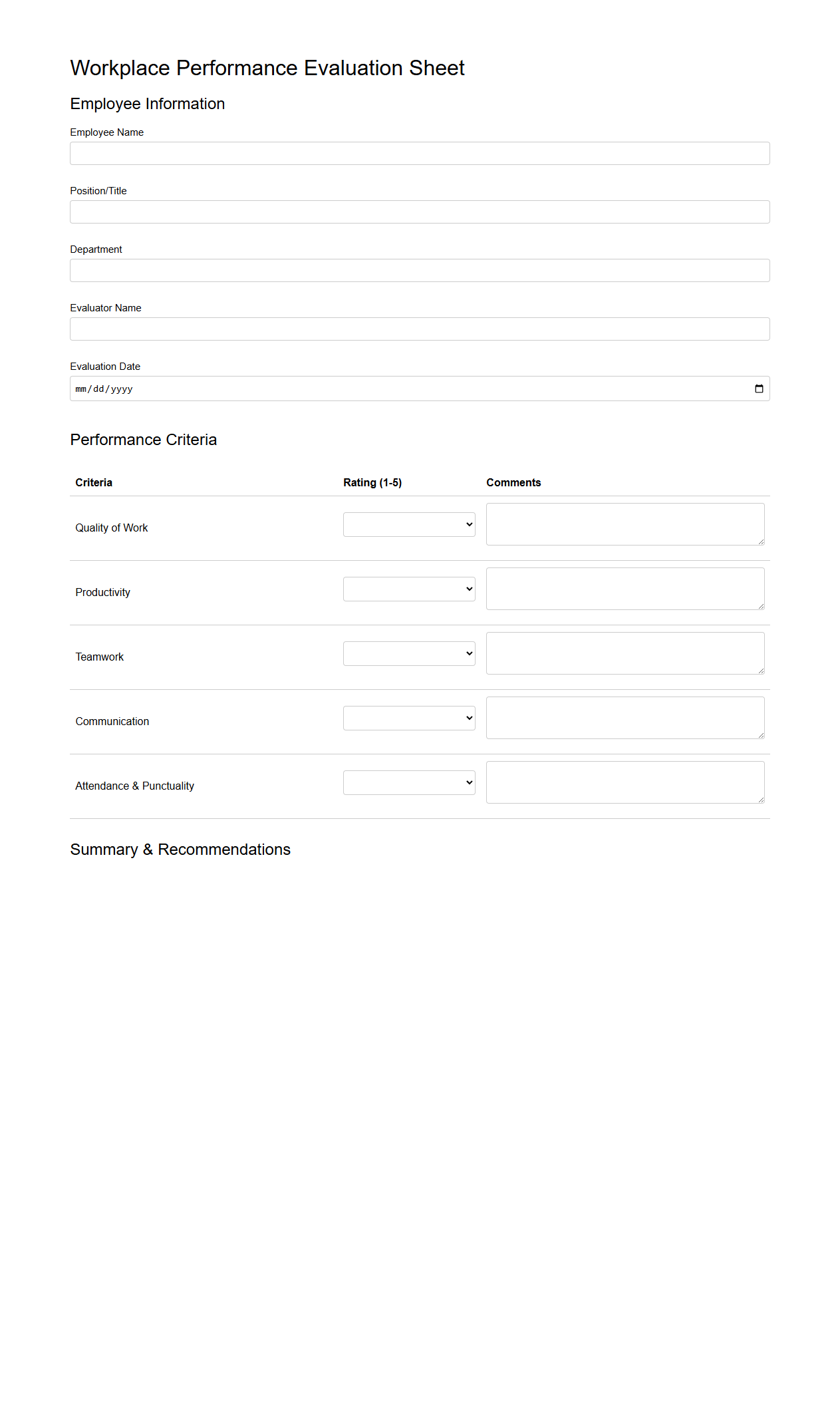 Workplace Performance Evaluation Sheet
