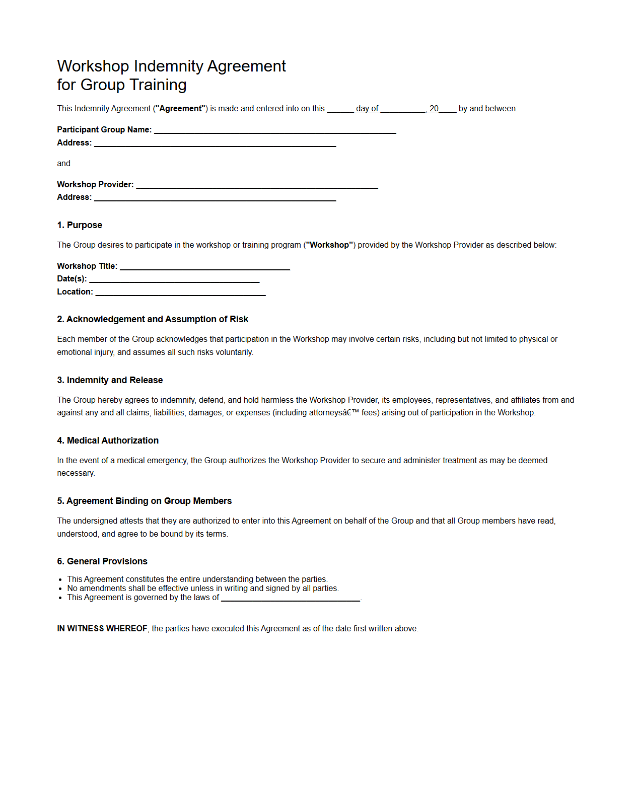Workshop Indemnity Agreement for Group Training