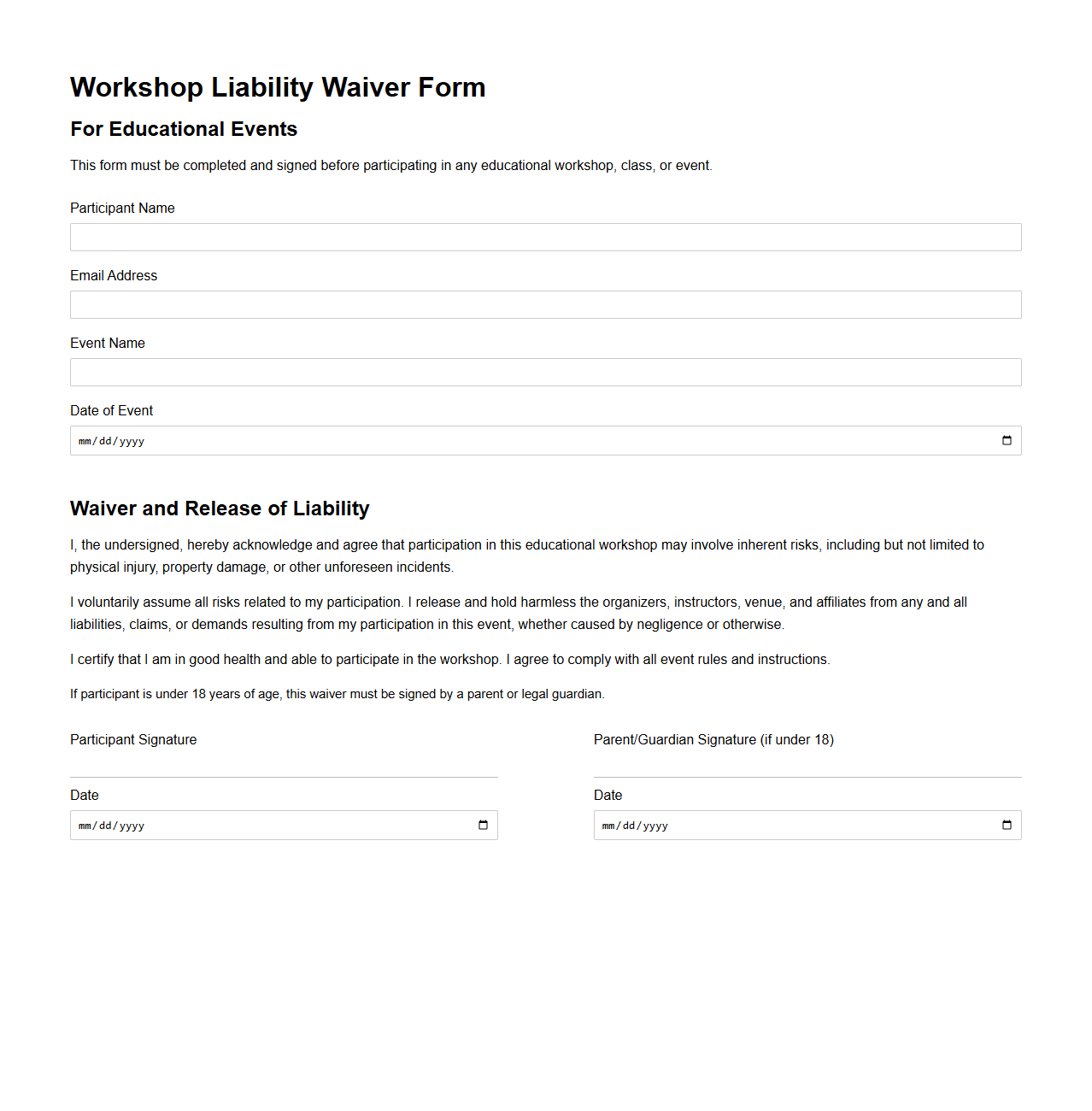 Workshop Liability Waiver Form for Educational Events