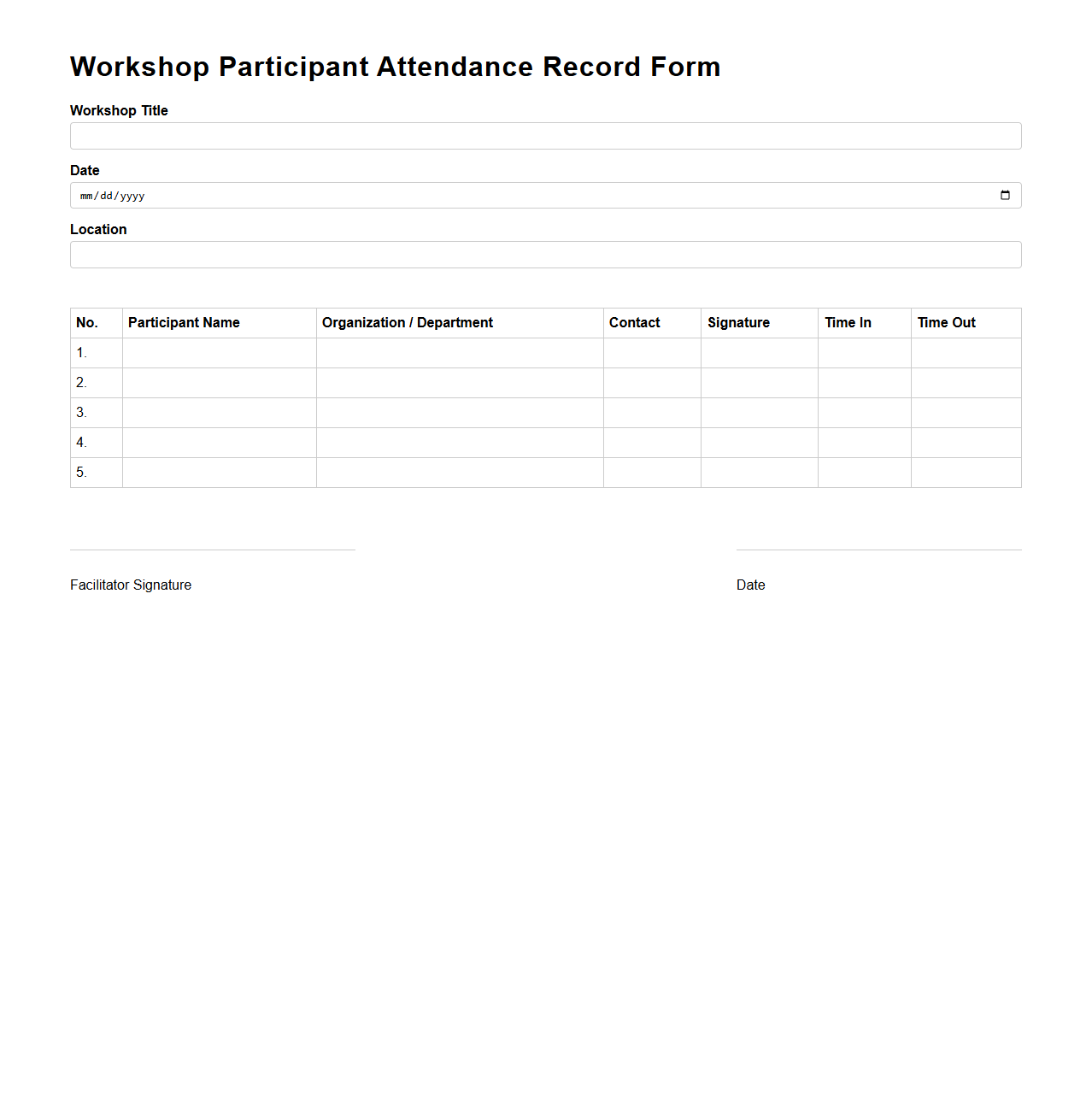 Workshop Participant Attendance Record Form