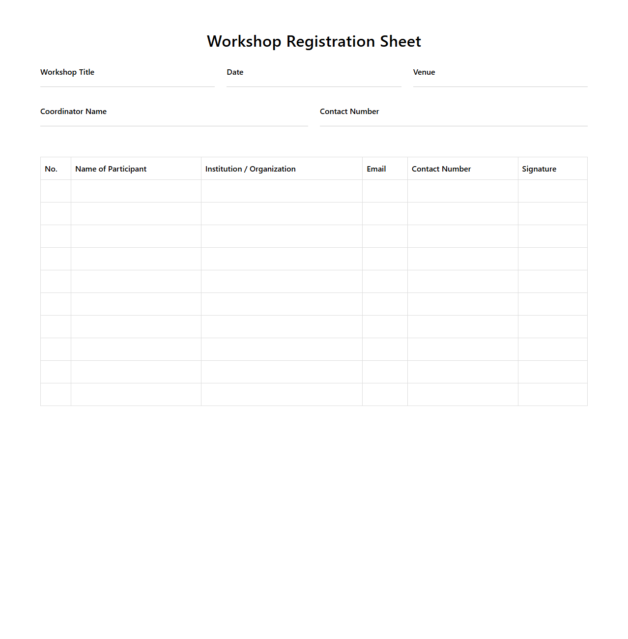 Workshop Registration Sheet Format