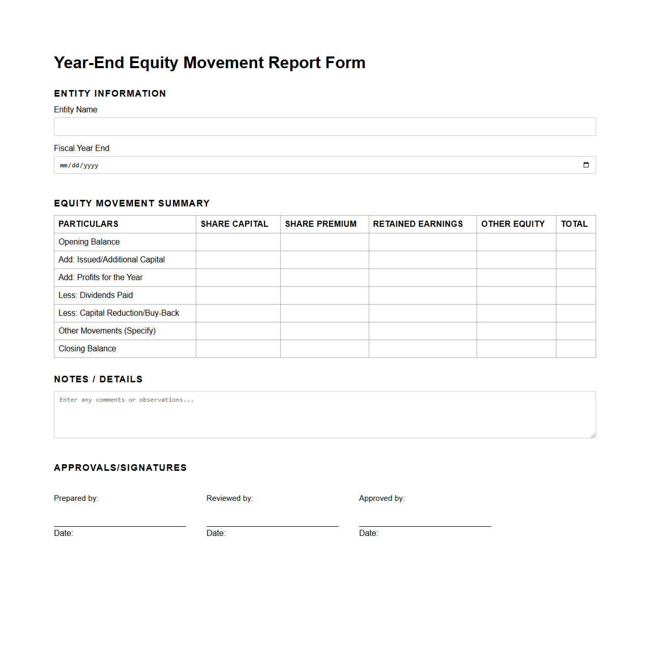 Year-End Equity Movement Report Form