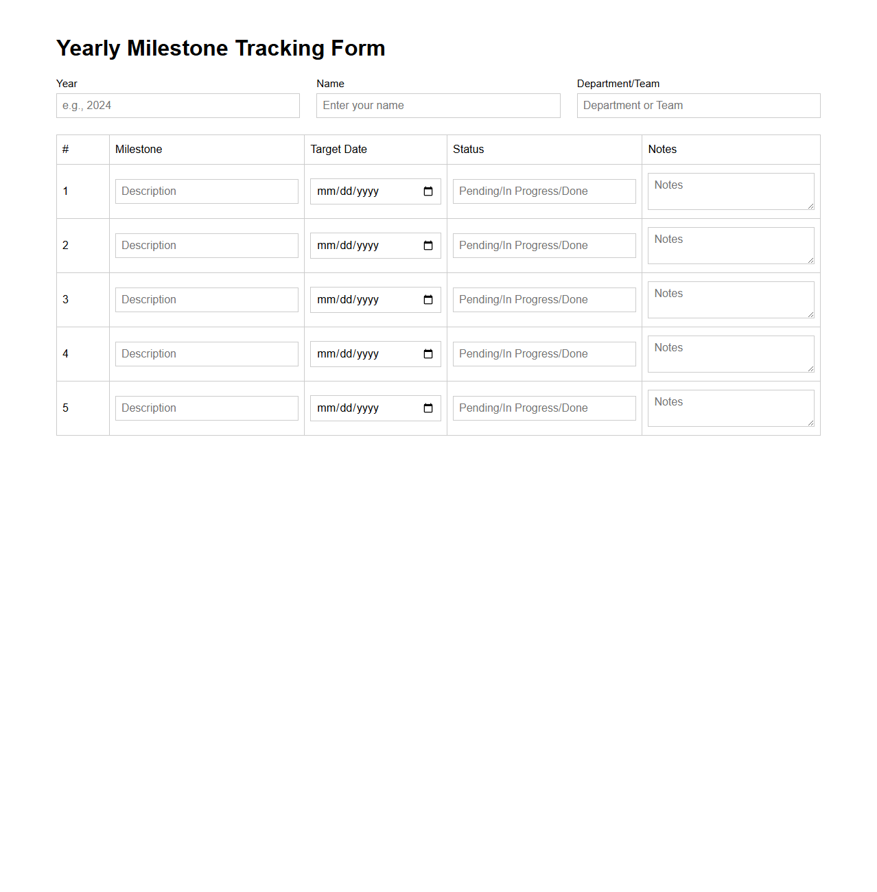 Yearly Milestone Tracking Blank Form