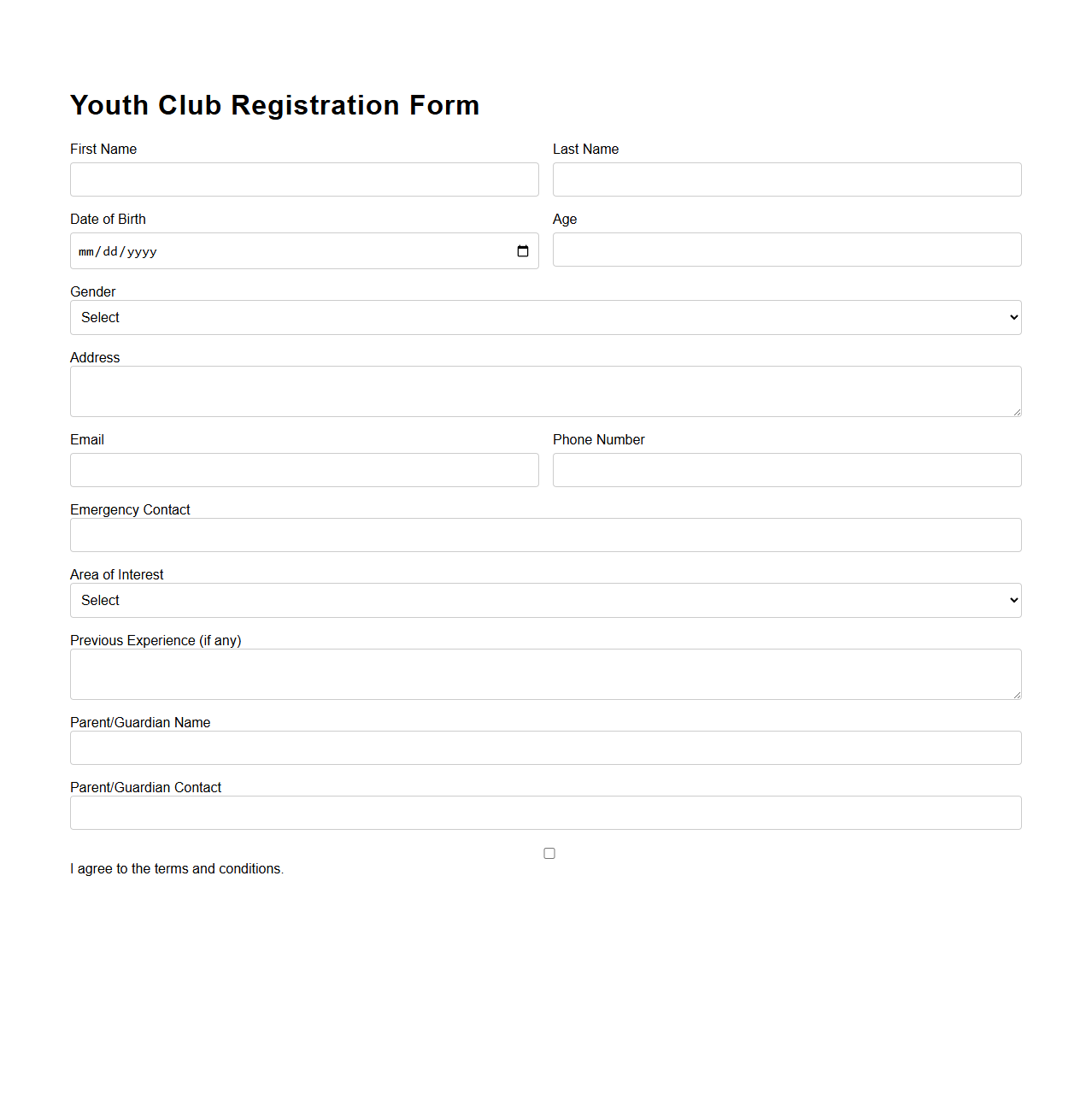 Youth Club Registration Form Template