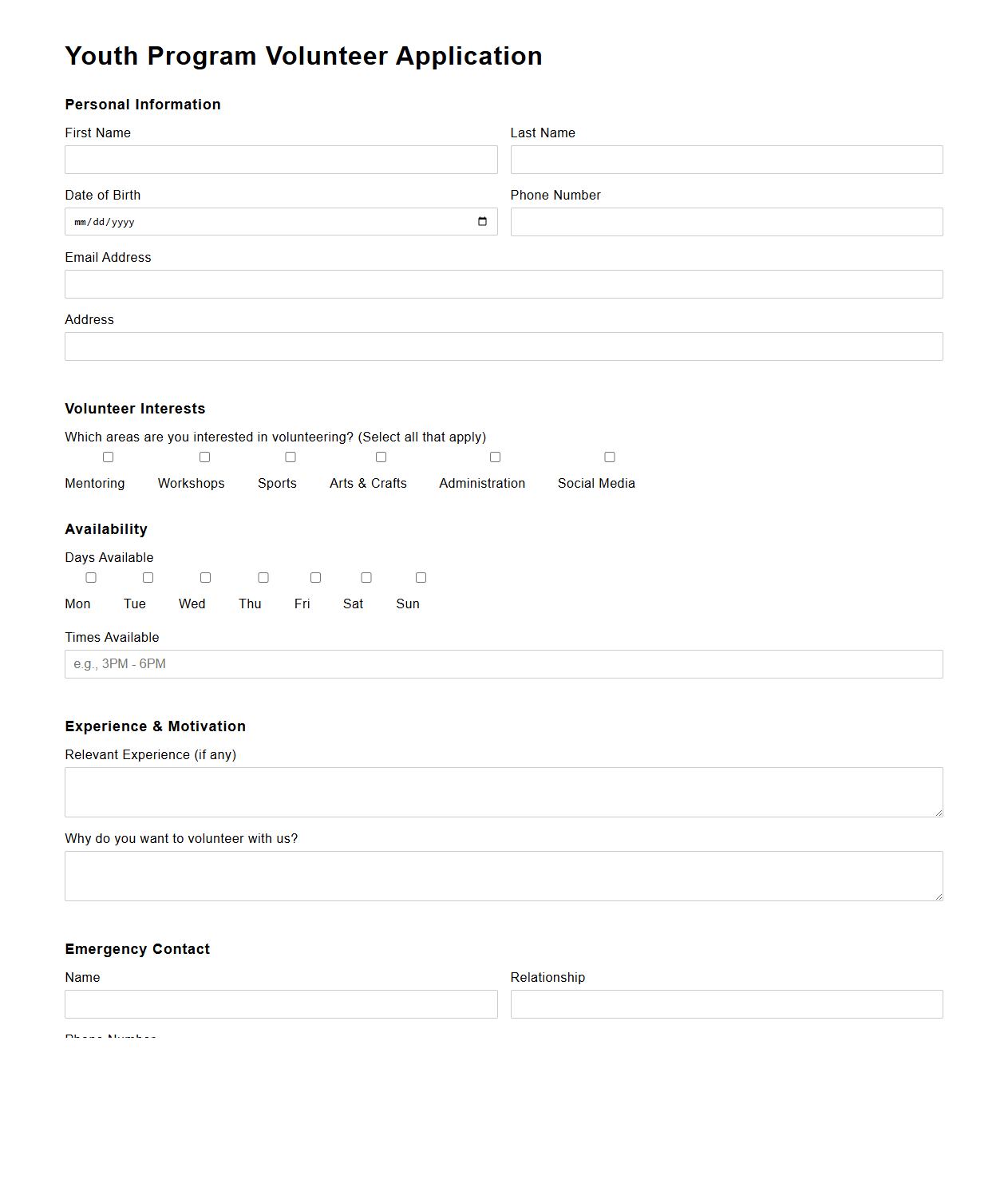 Youth Program Volunteer Application Format
