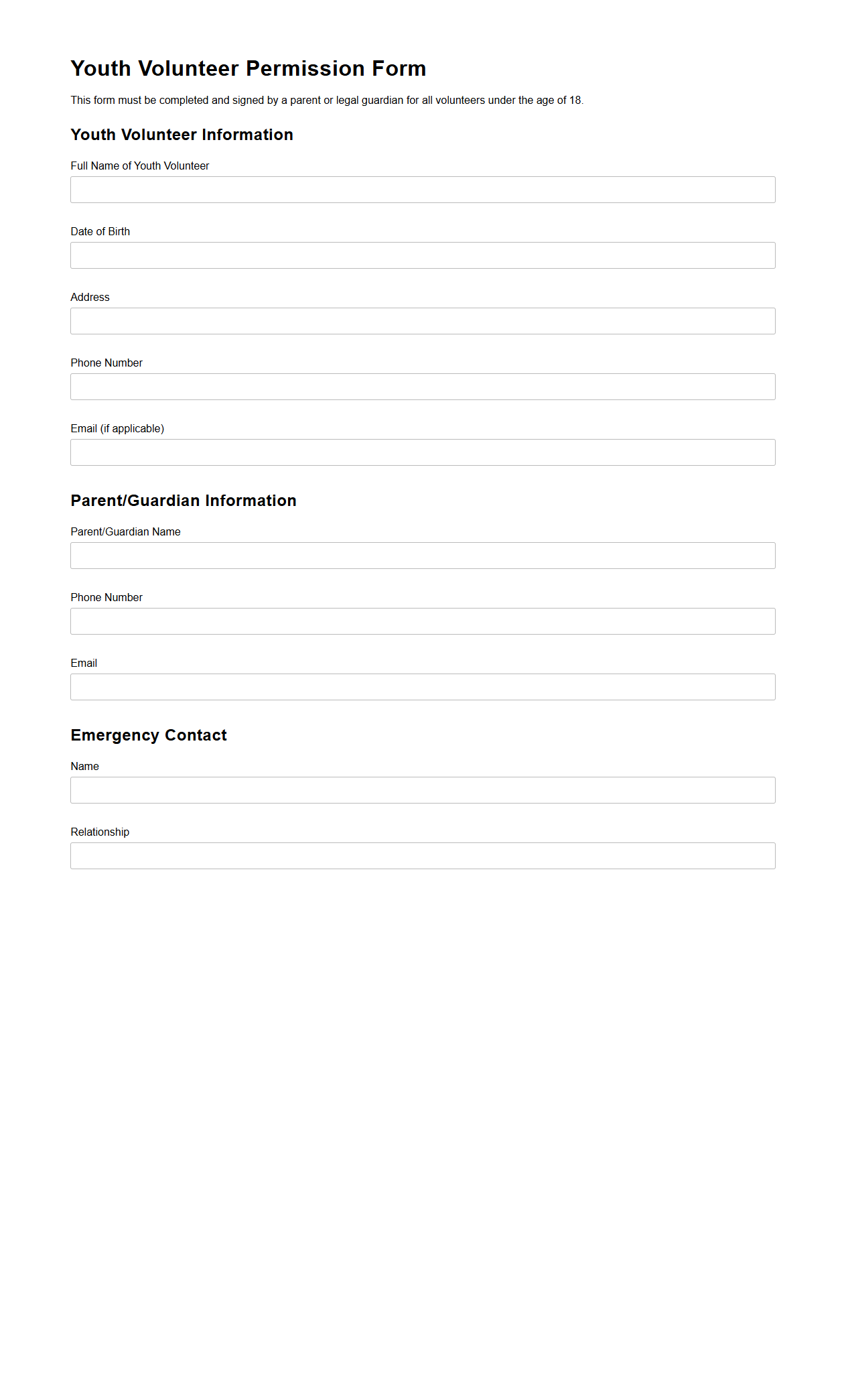 Youth Volunteer Permission Form for Nonprofit Use