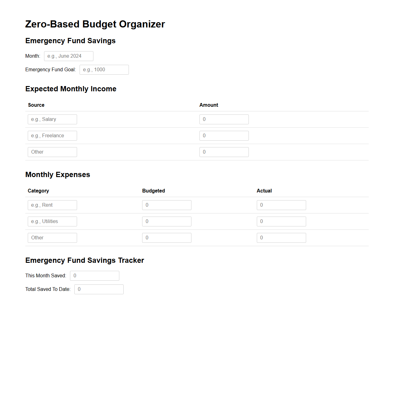Zero-Based Budget Organizer for Emergency Fund Savings