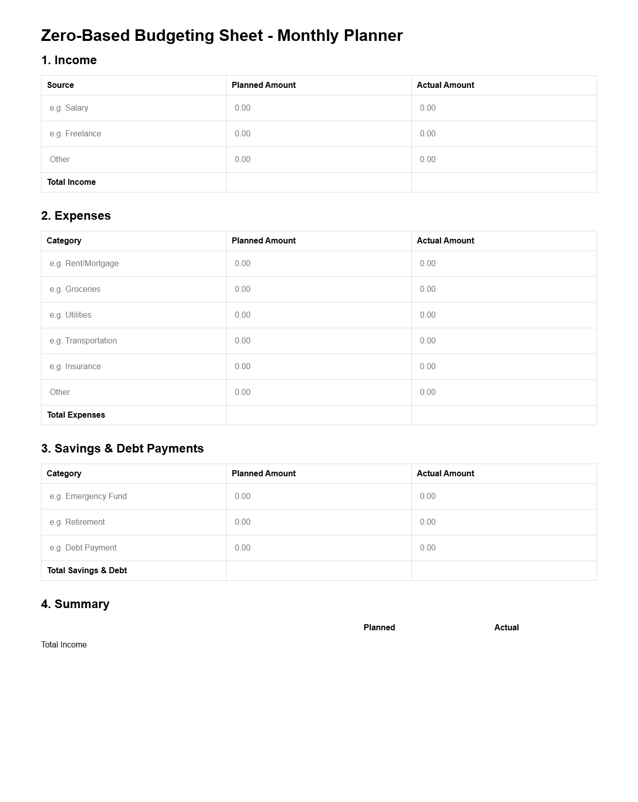 Zero-Based Budgeting Sheet for Monthly Planning